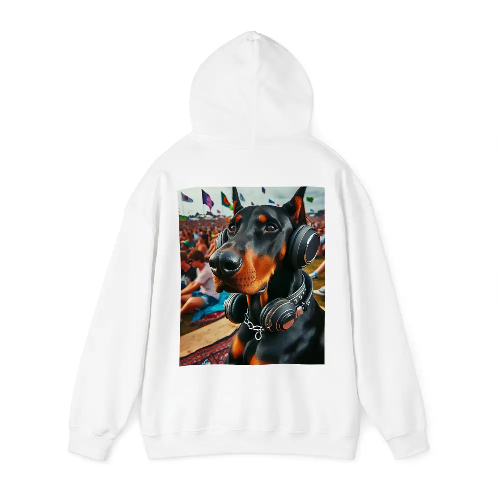 Doberman Wearing Headphones at Music Festival – Hoodies