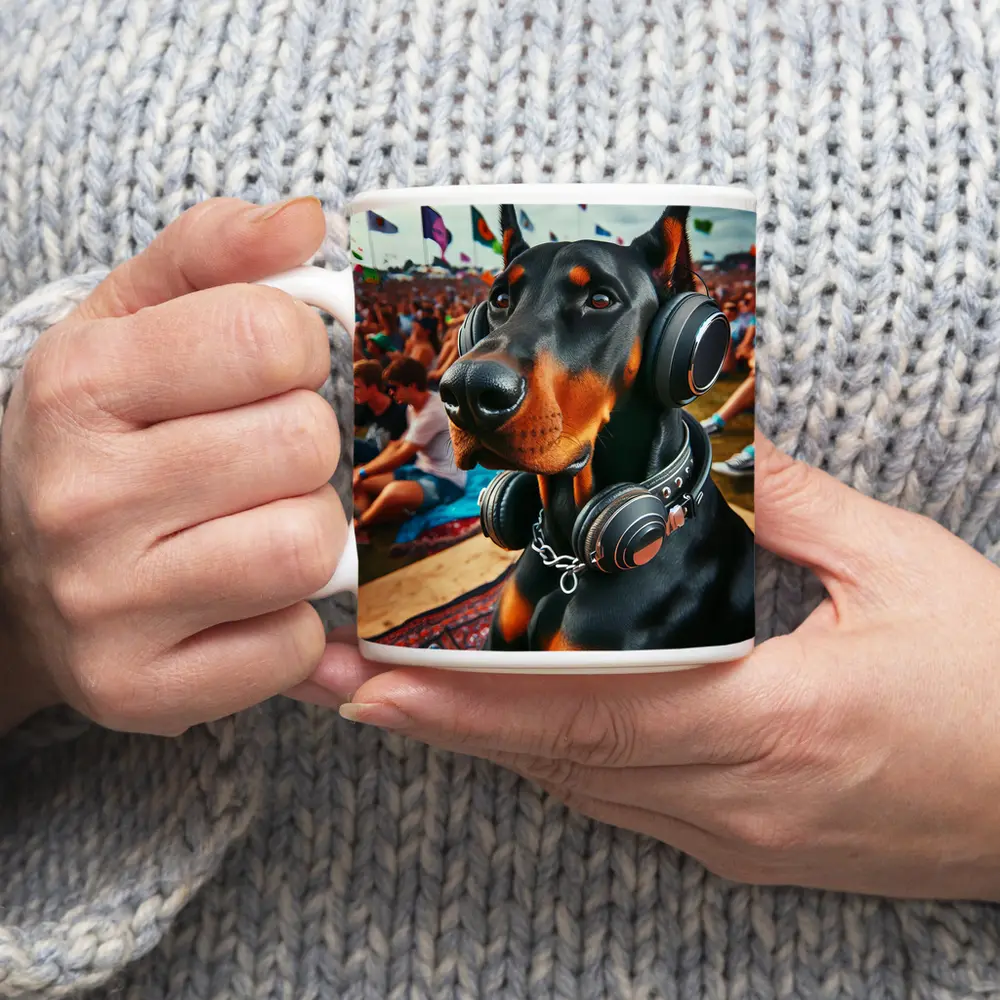 Doberman Wearing Headphones at Music Festival – Mugs