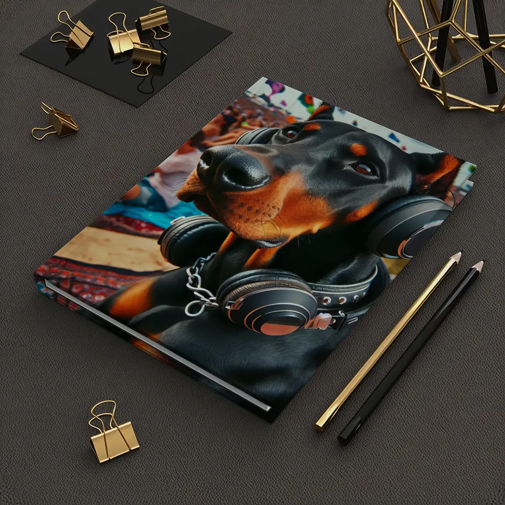Doberman Wearing Headphones at Music Festival – Notebooks