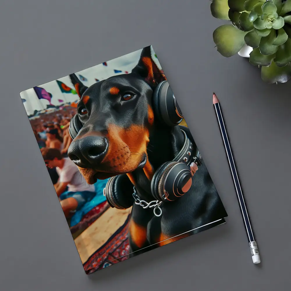 Doberman Wearing Headphones at Music Festival – Notebooks