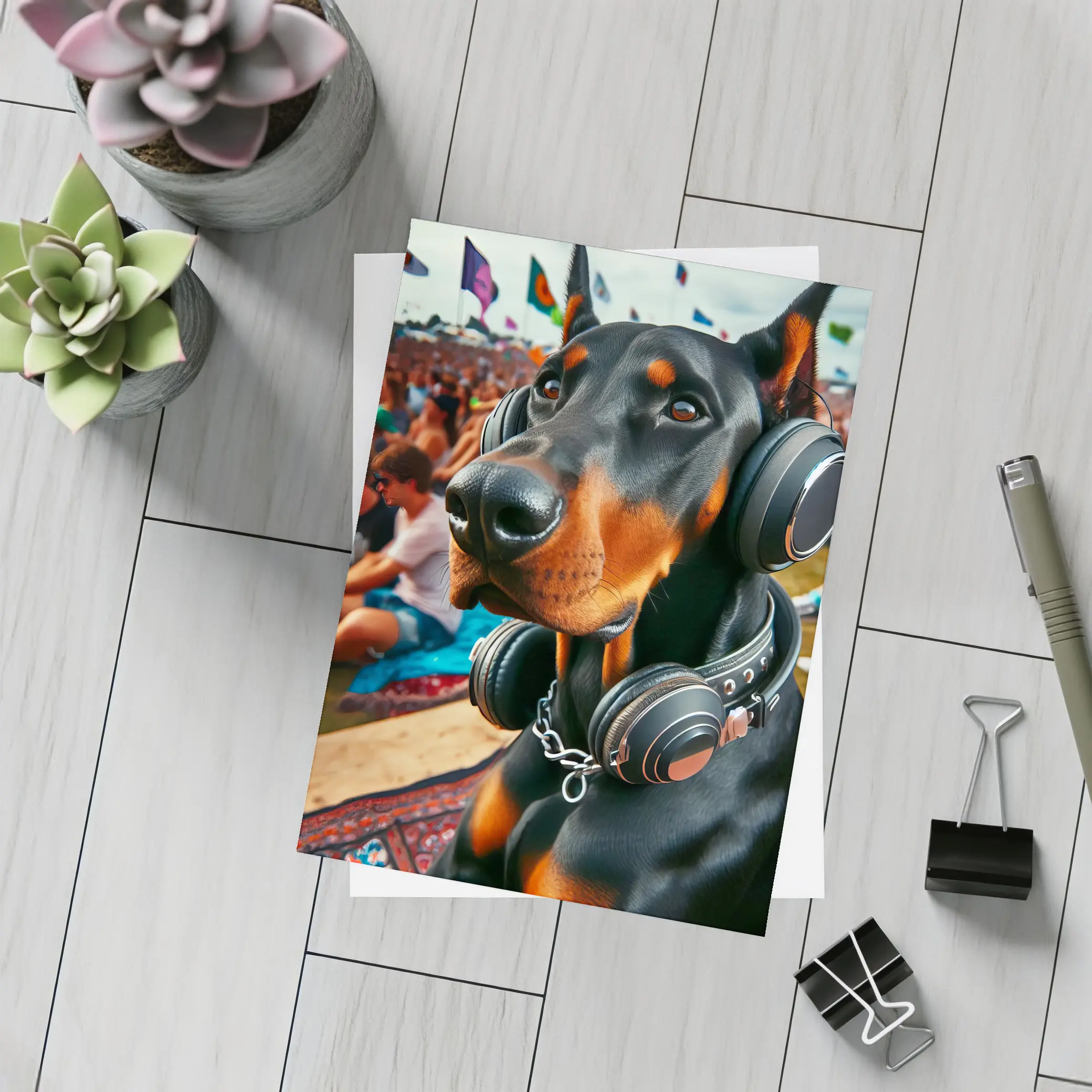 Doberman Wearing Headphones at Music Festival – Postcards