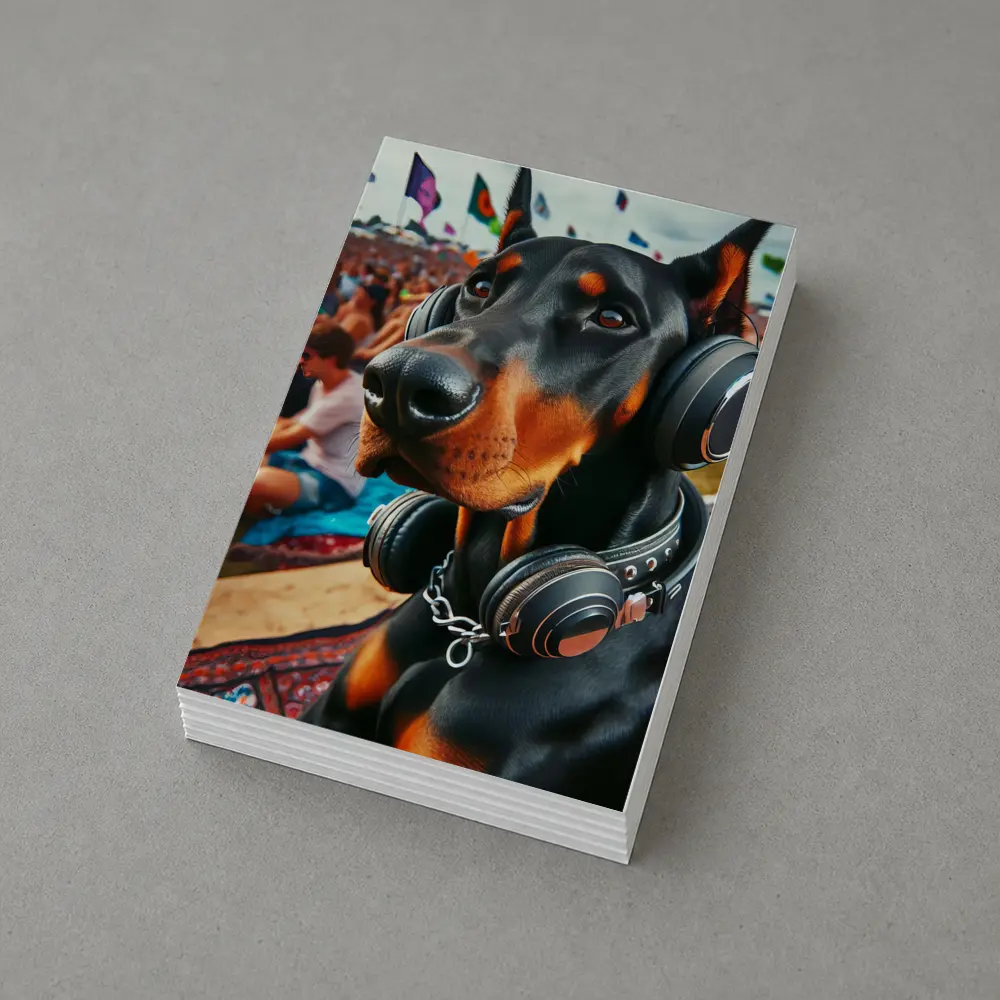 Doberman Wearing Headphones at Music Festival – Postcards