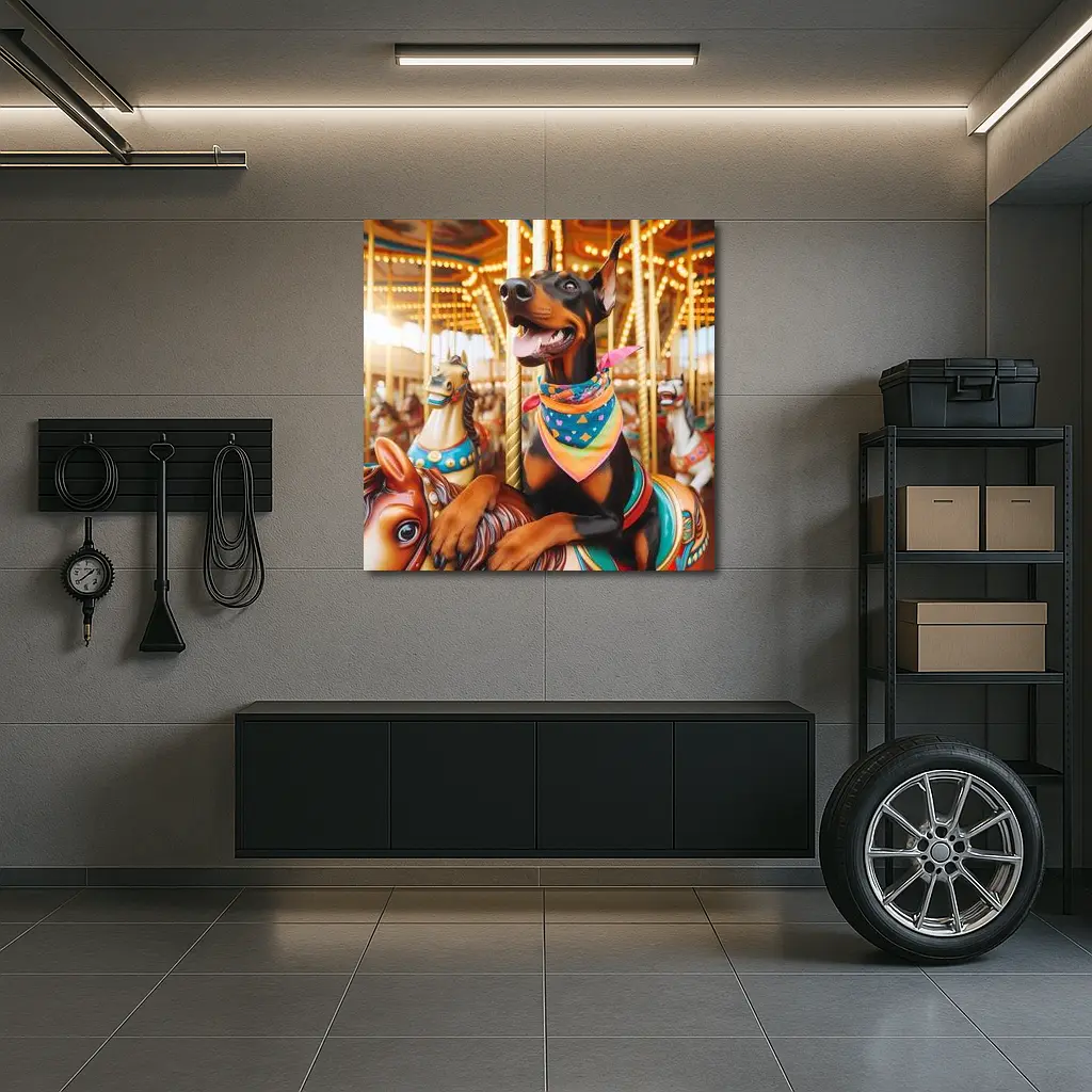 Doberman Pinscher Riding Colorful Carousel Horses – Wall Art