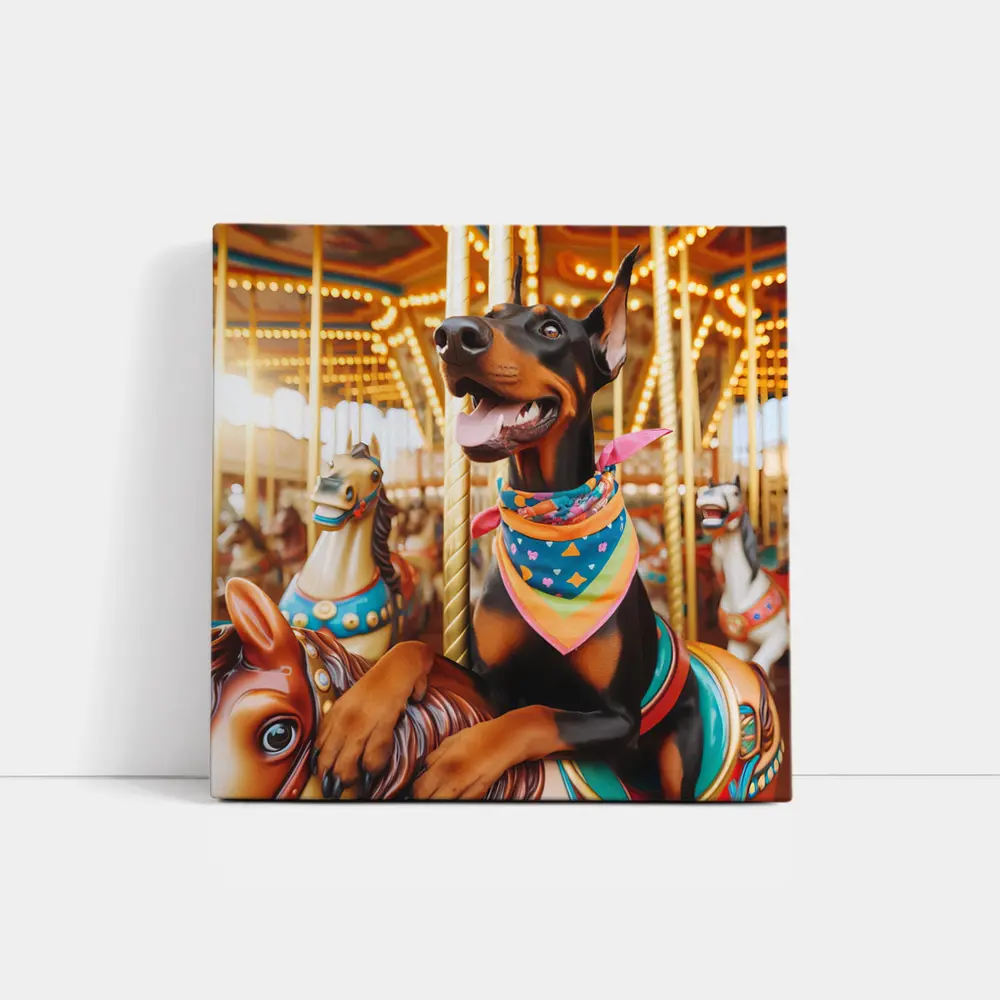 Doberman Pinscher Riding Colorful Carousel Horses – Wall Art
