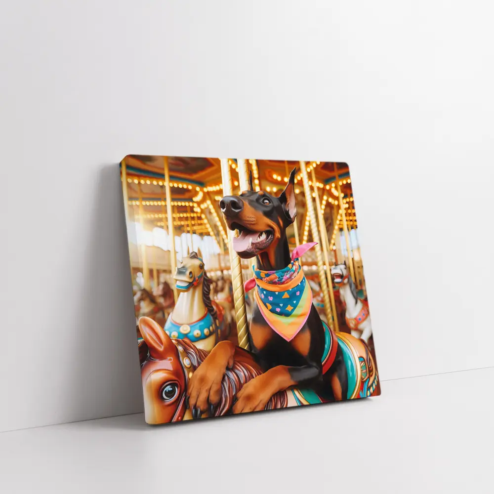 Doberman Pinscher Riding Colorful Carousel Horses – Wall Art