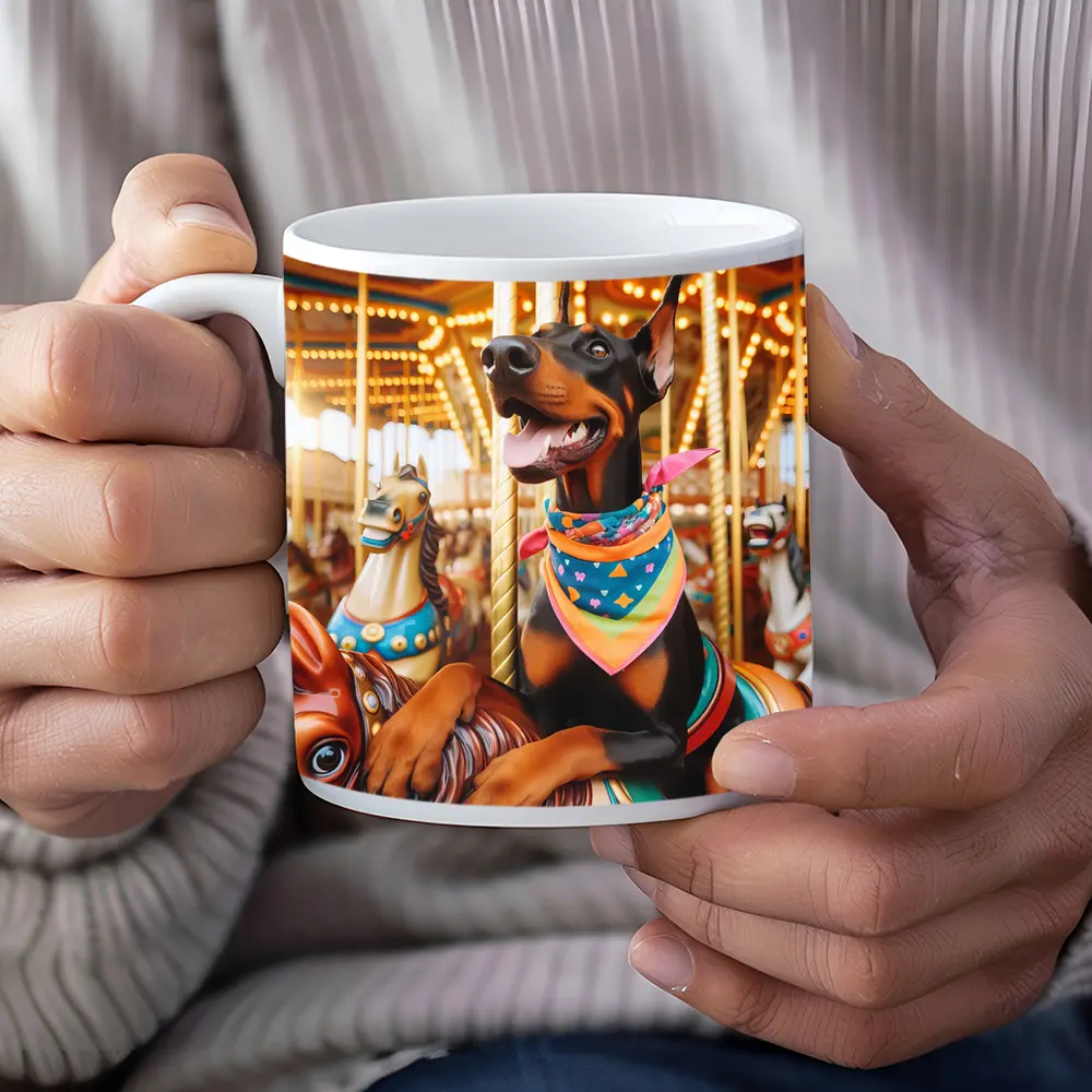Doberman Pinscher Riding Colorful Carousel Horses – Mugs