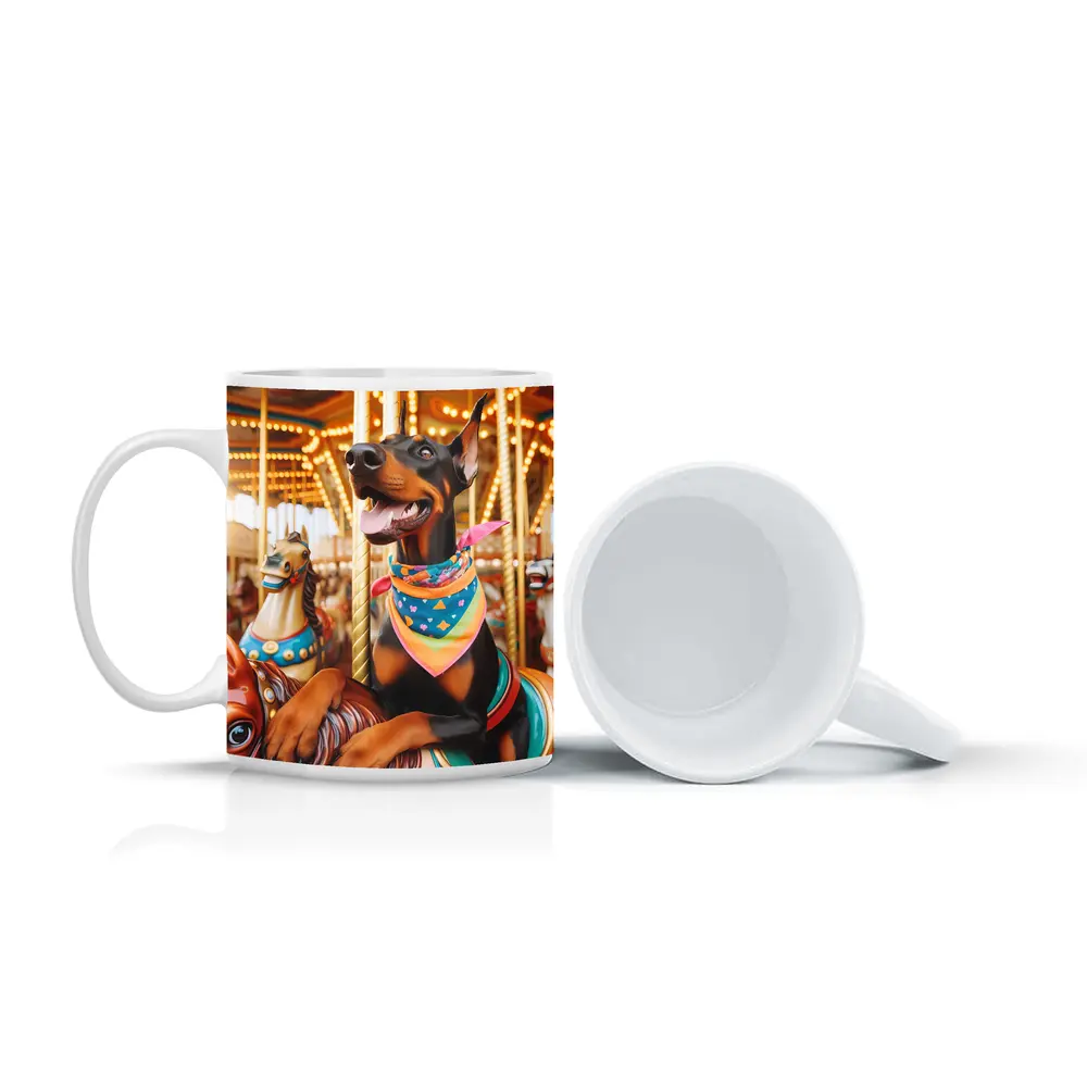 Doberman Pinscher Riding Colorful Carousel Horses – Mugs