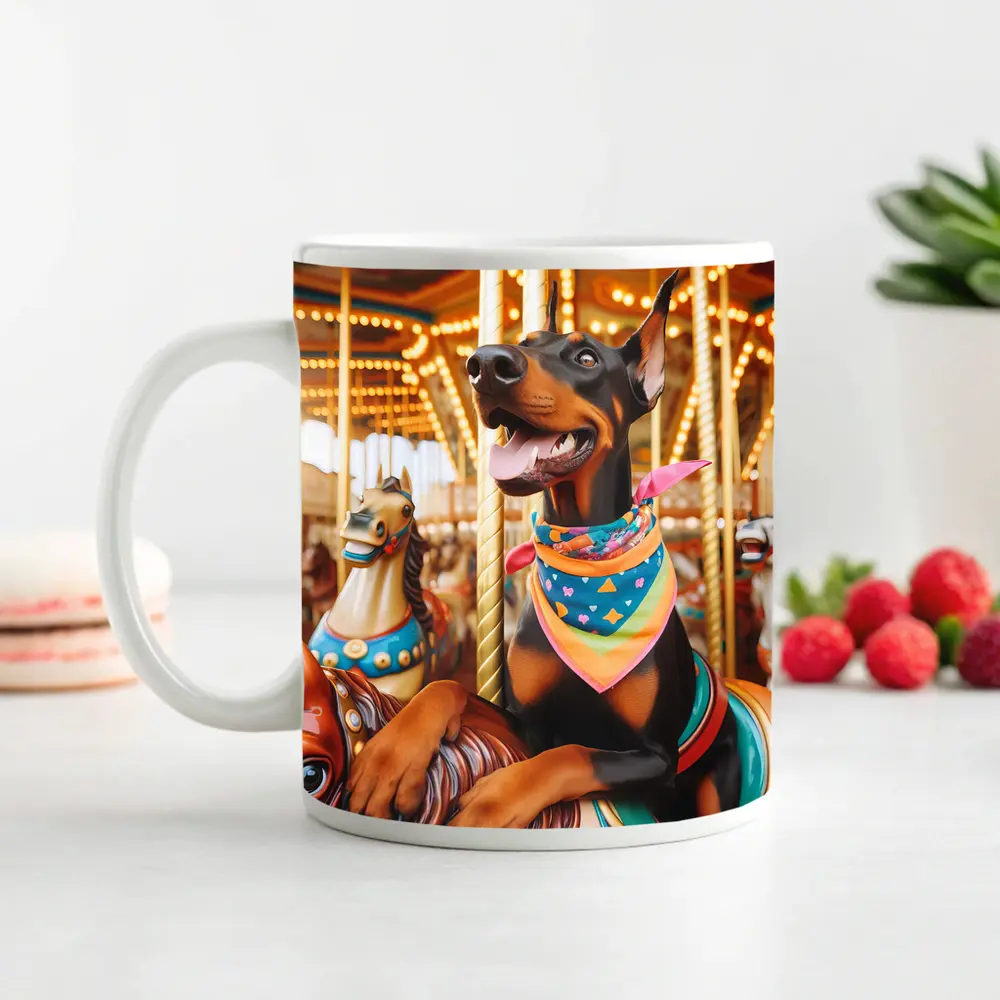 Doberman Pinscher Riding Colorful Carousel Horses – Mugs