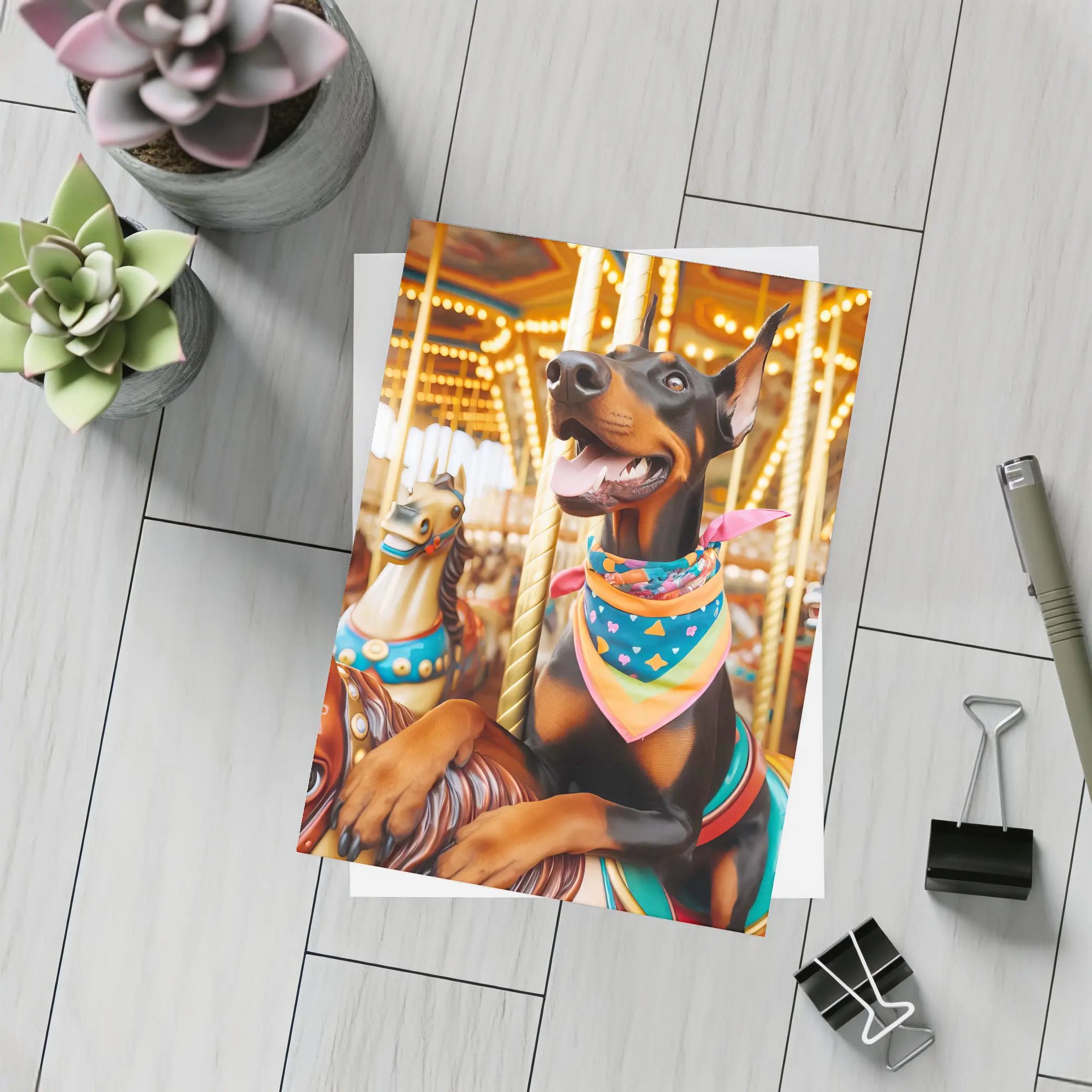 Doberman Pinscher Riding Colorful Carousel Horses – Postcards