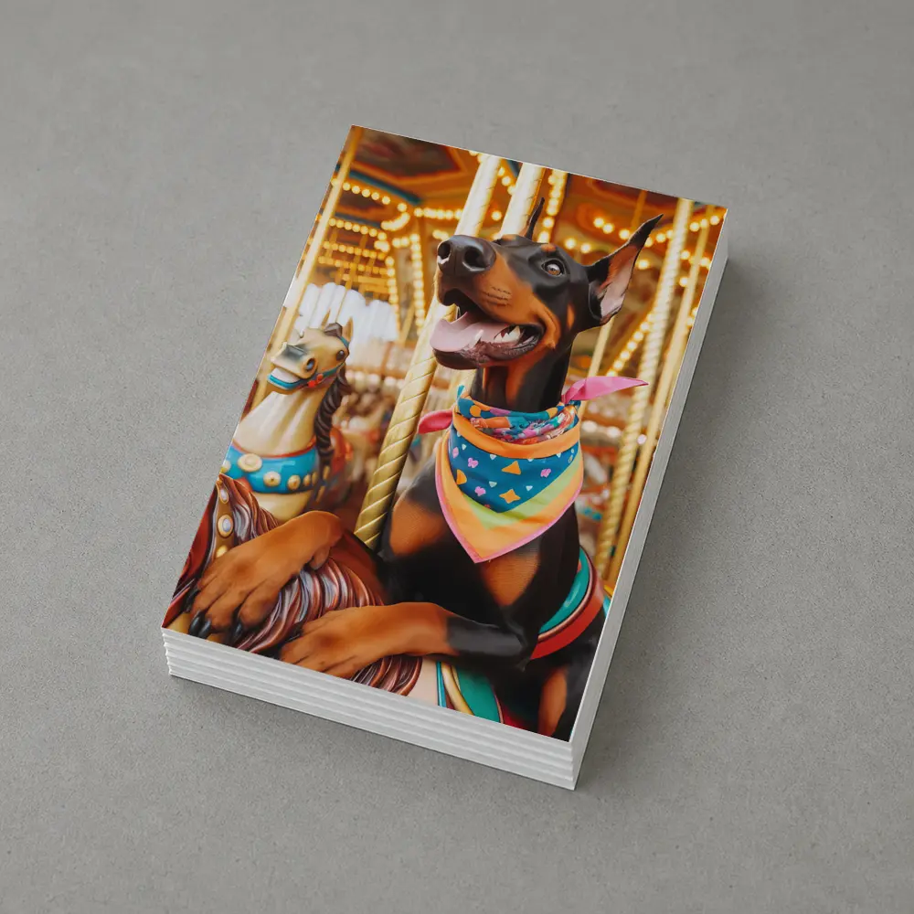 Doberman Pinscher Riding Colorful Carousel Horses – Postcards