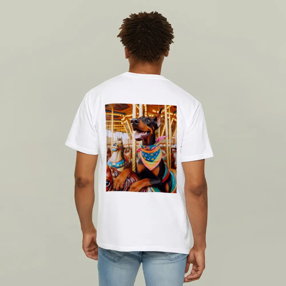 Doberman Pinscher Riding Colorful Carousel Horses – T-Shirts