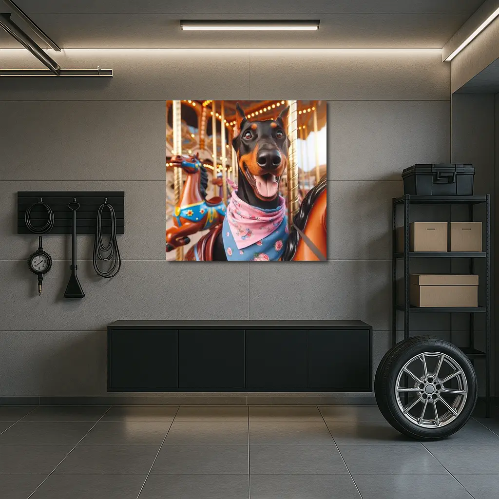 Happy Doberman Pinscher on Carousel Ride – Wall Art
