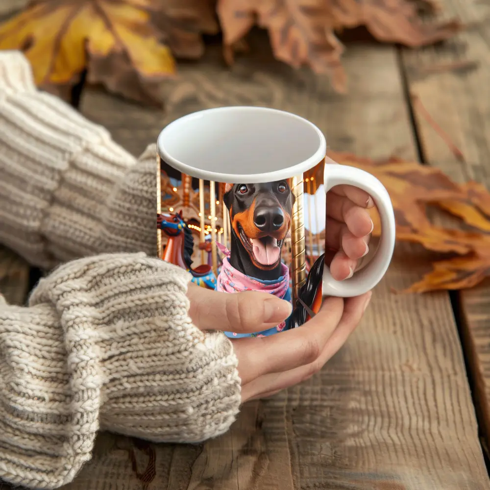 Happy Doberman Pinscher on Carousel Ride – Mugs
