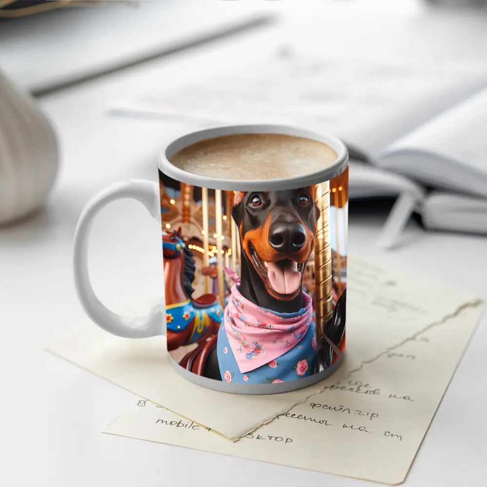 Happy Doberman Pinscher on Carousel Ride – Mugs