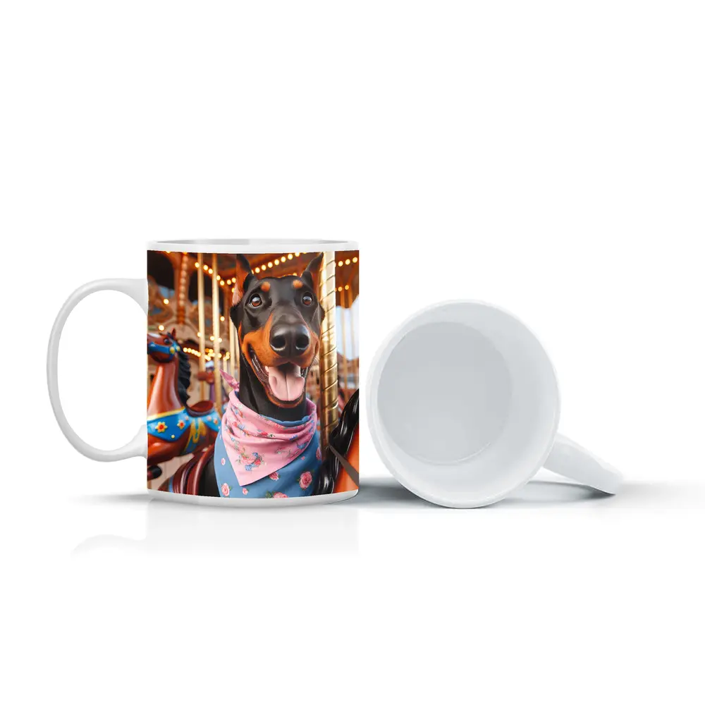Happy Doberman Pinscher on Carousel Ride – Mugs