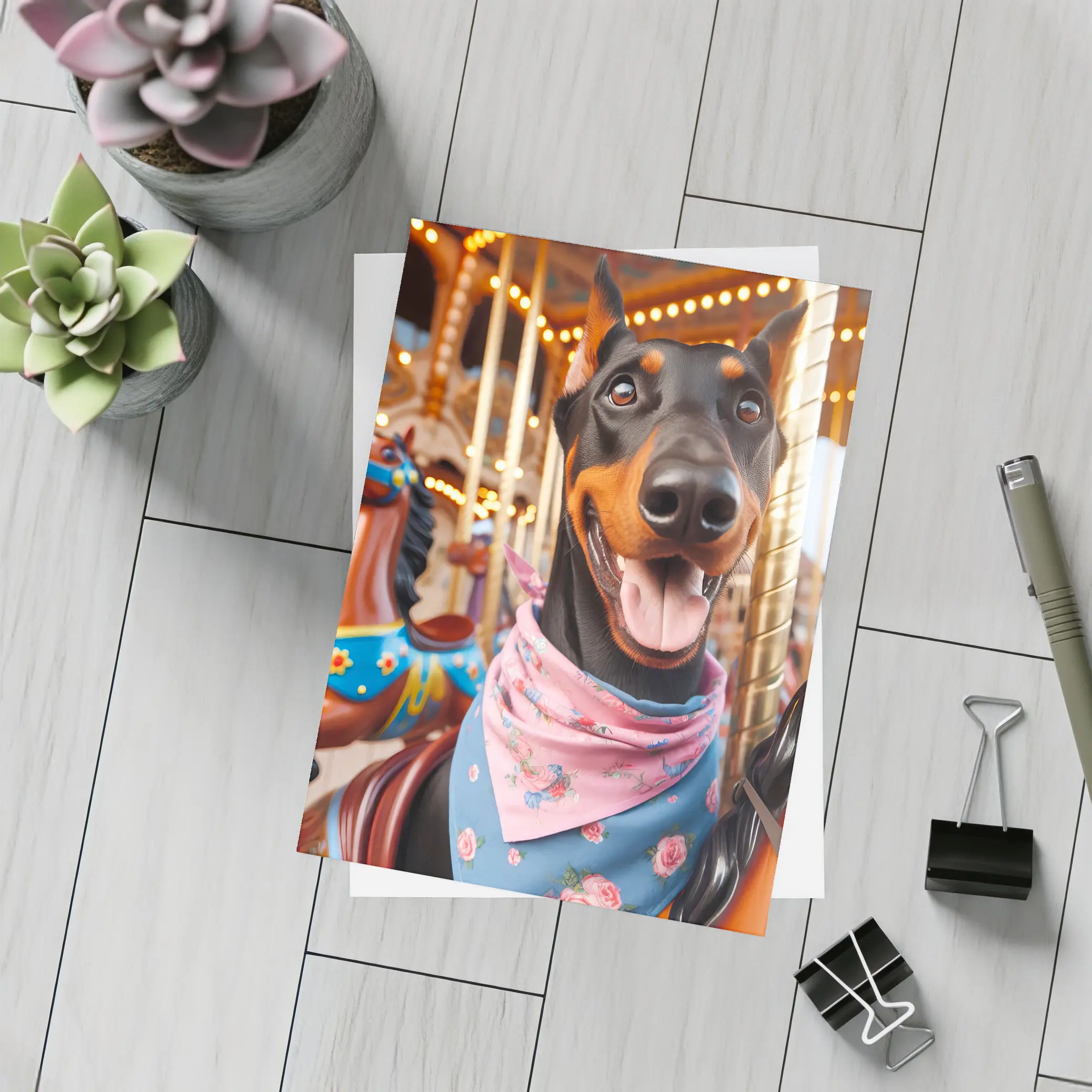 Happy Doberman Pinscher on Carousel Ride – Postcards