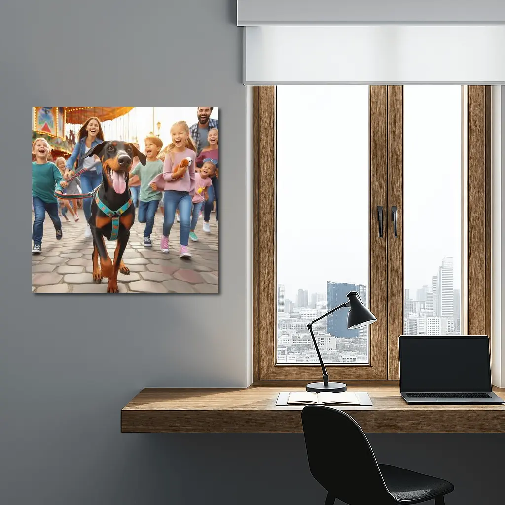 Doberman Pinscher Running With Happy Family – Wall Art