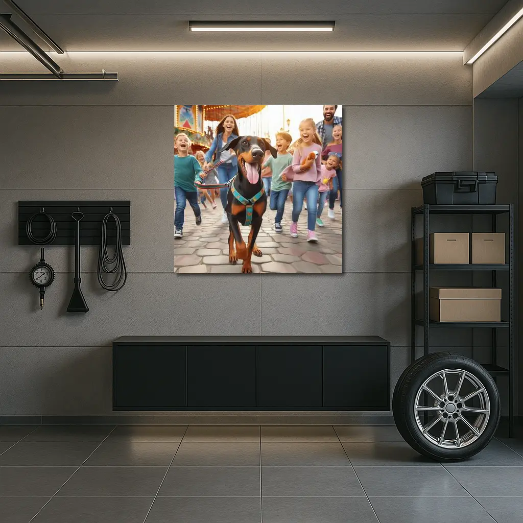 Doberman Pinscher Running With Happy Family – Wall Art