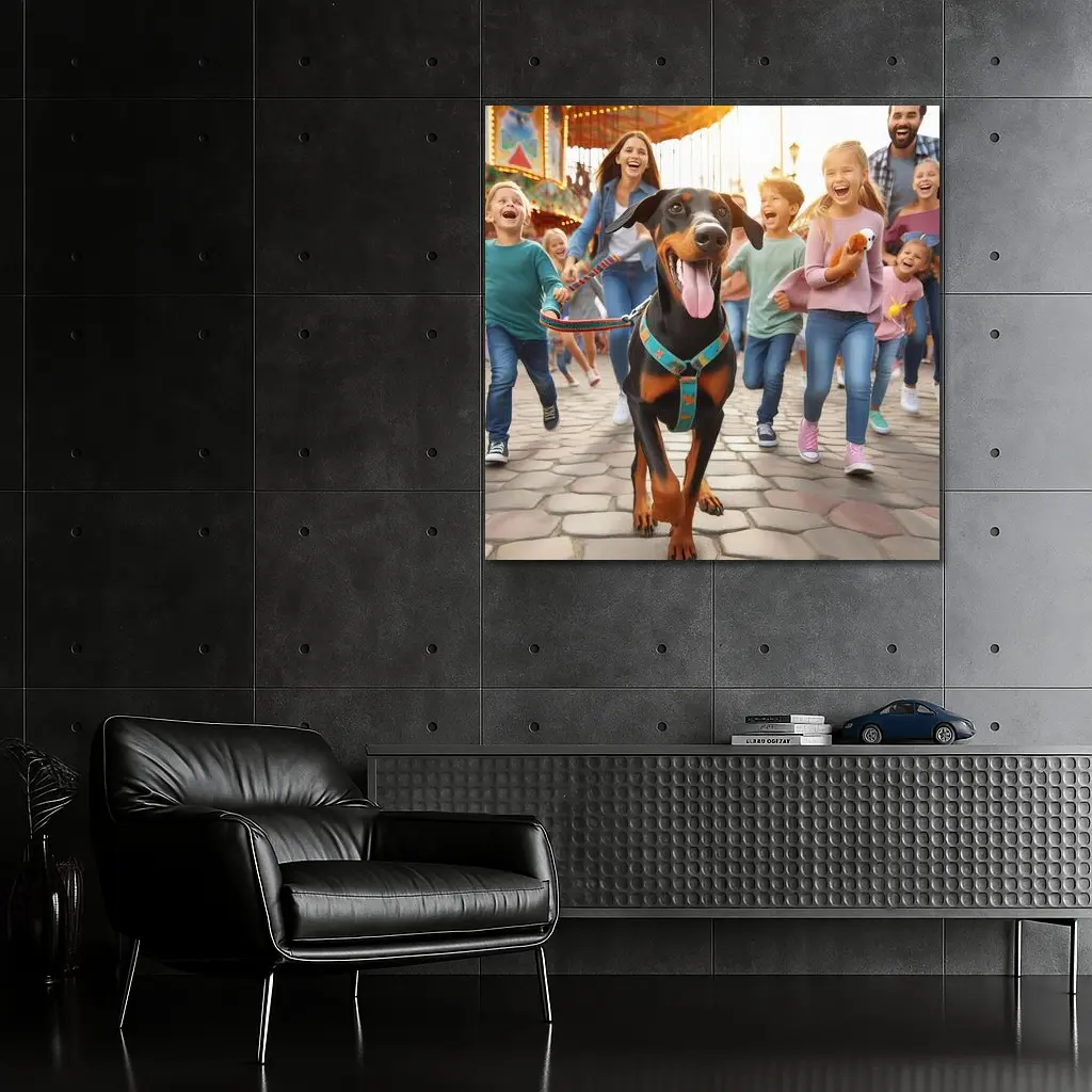 Doberman Pinscher Running With Happy Family – Wall Art