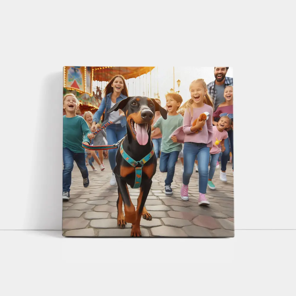 Doberman Pinscher Running With Happy Family – Wall Art