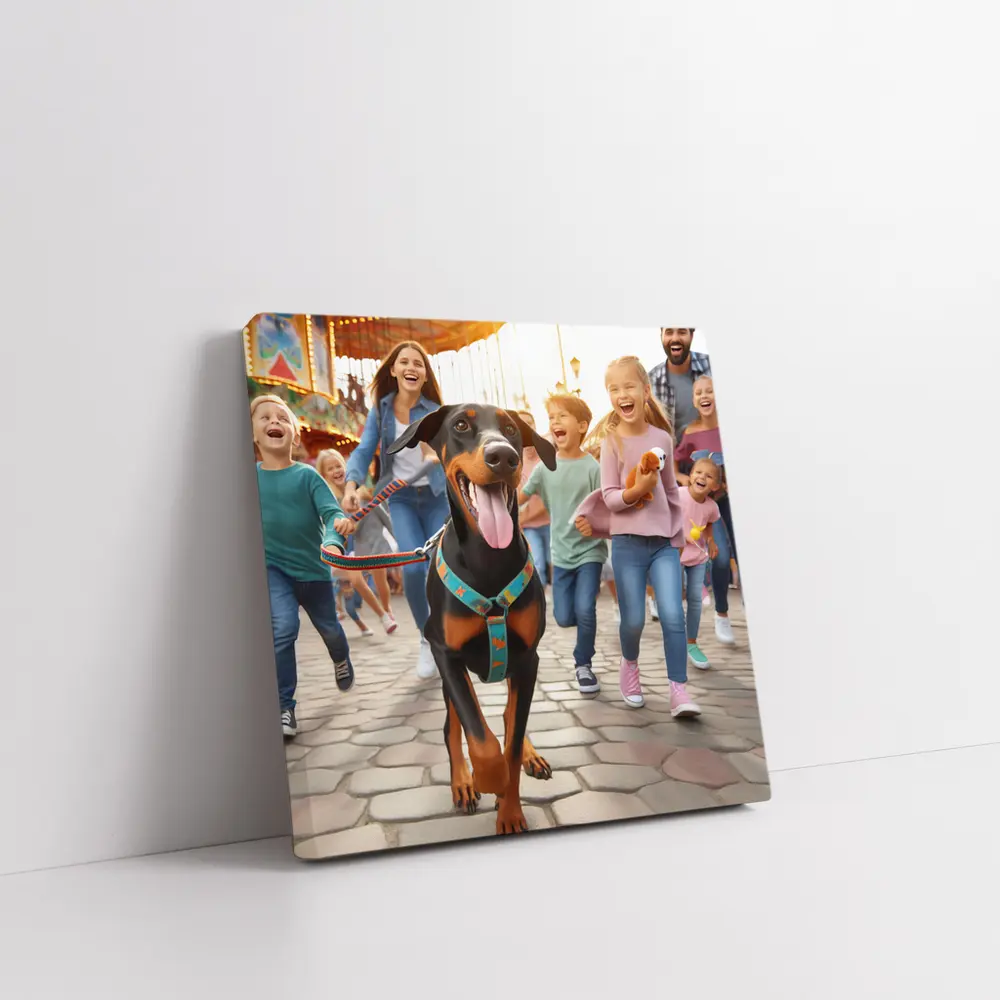 Doberman Pinscher Running With Happy Family – Wall Art