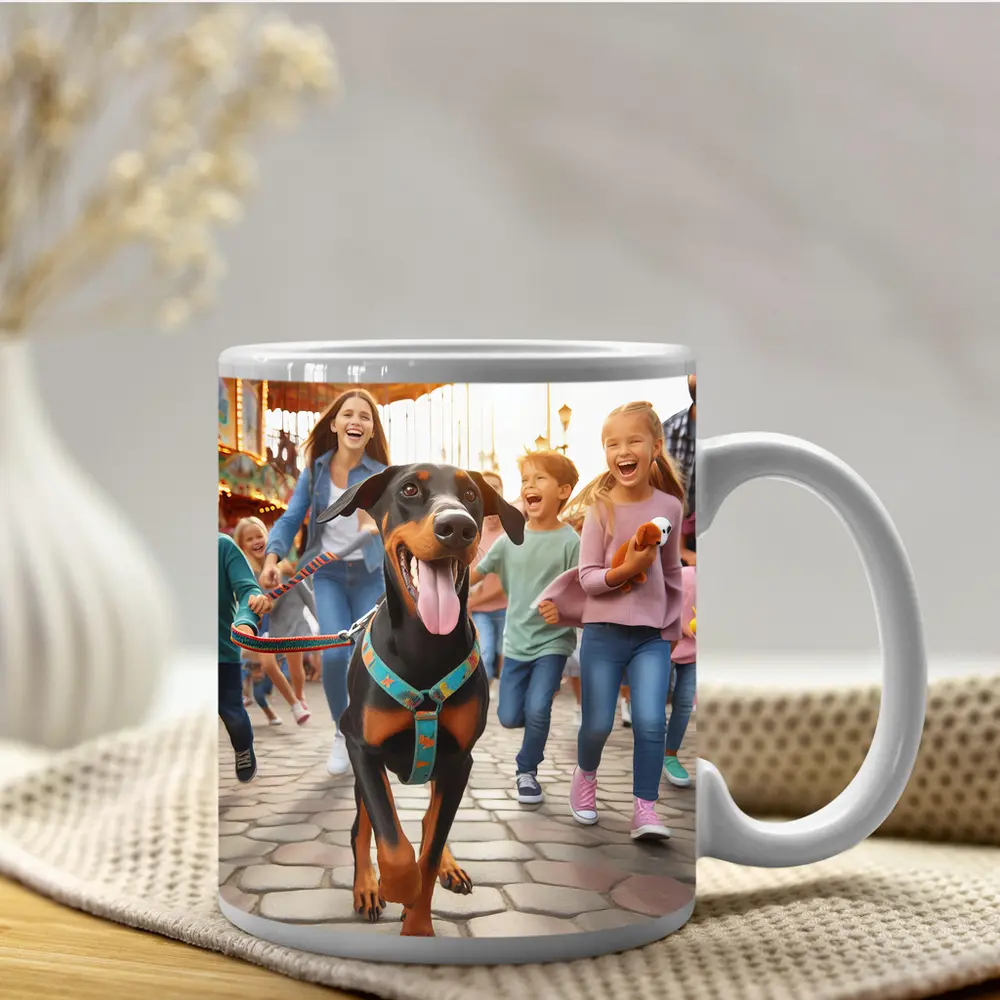 Doberman Pinscher Running With Happy Family – Mugs