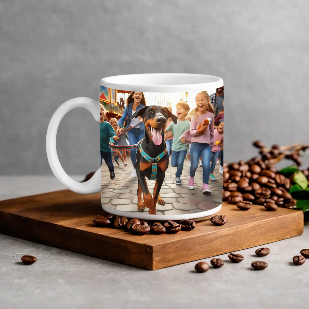 Doberman Pinscher Running With Happy Family – Mugs
