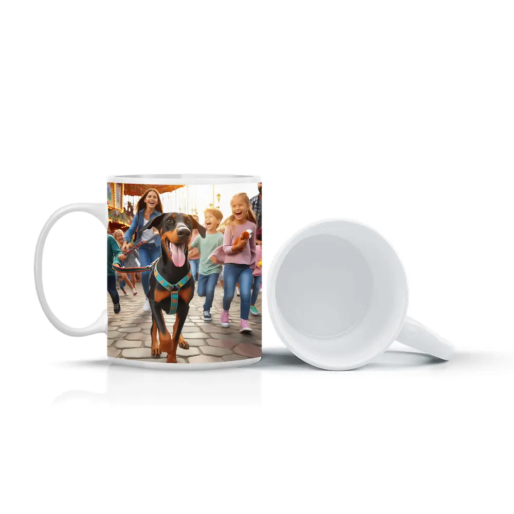 Doberman Pinscher Running With Happy Family – Mugs