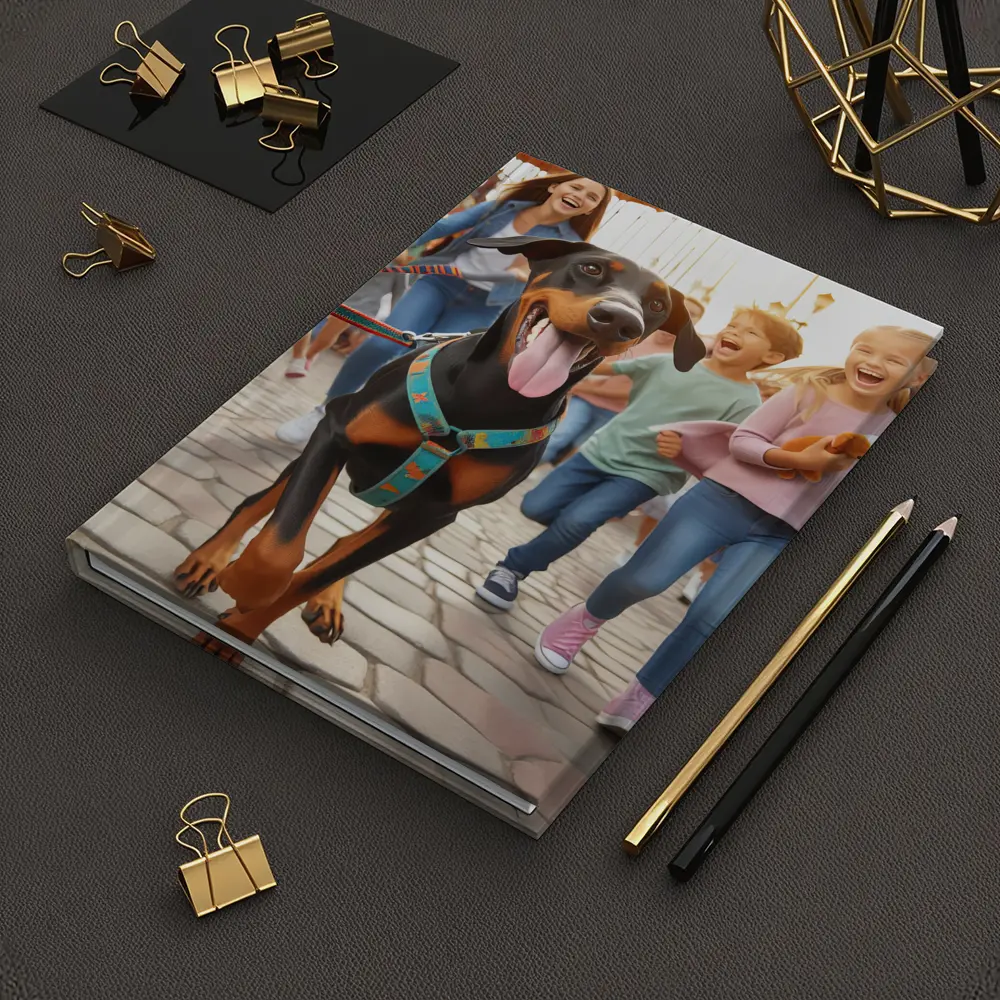Doberman Pinscher Running With Happy Family – Notebooks