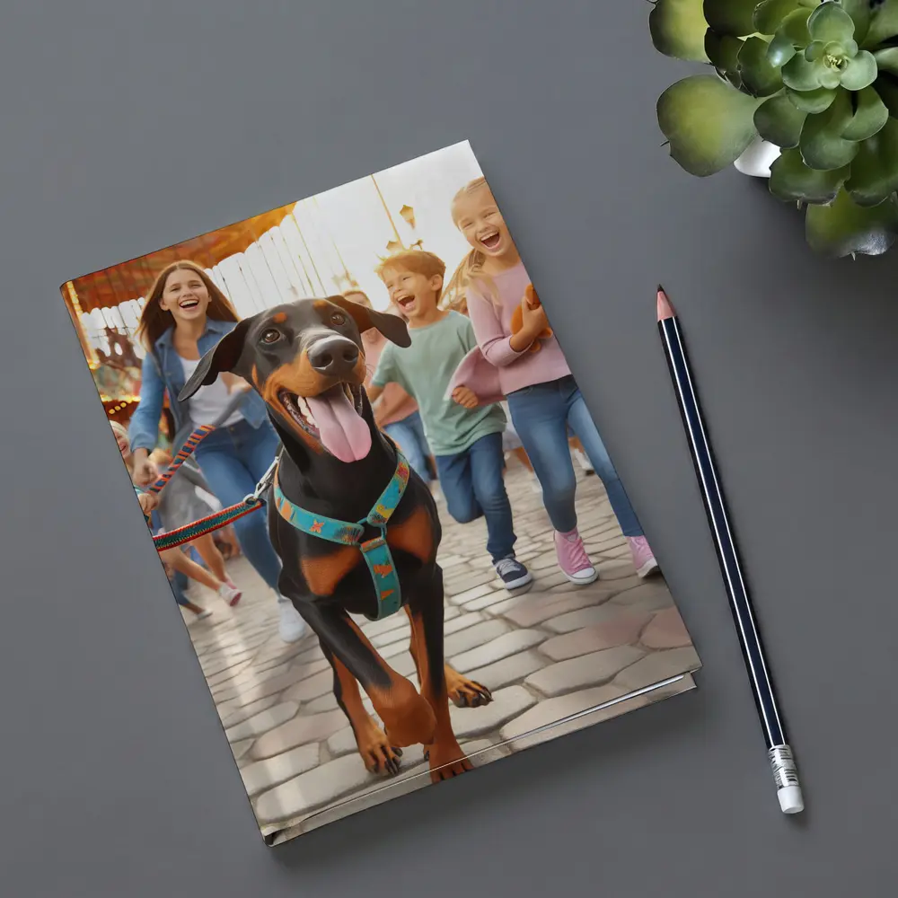 Doberman Pinscher Running With Happy Family – Notebooks