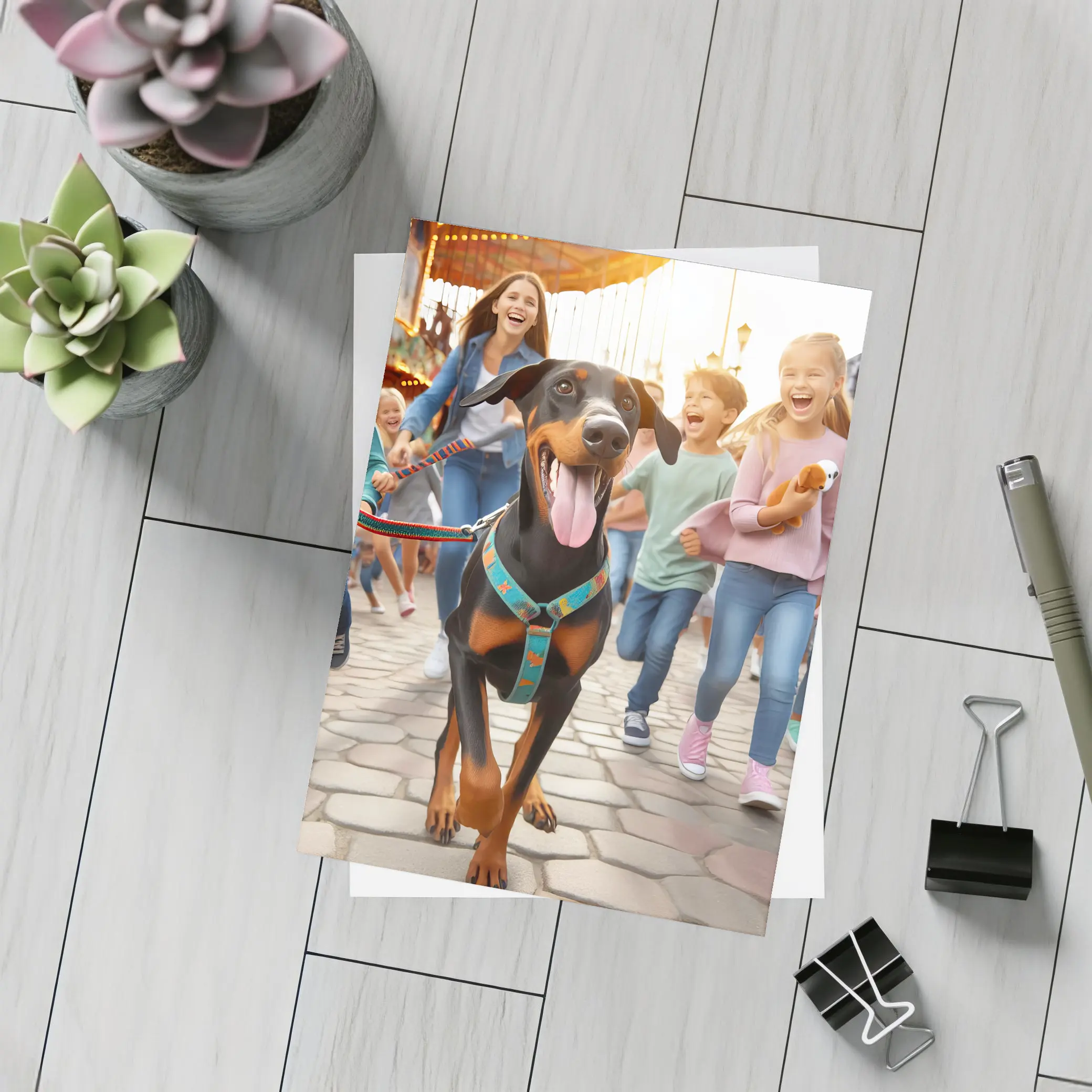 Doberman Pinscher Running With Happy Family – Postcards