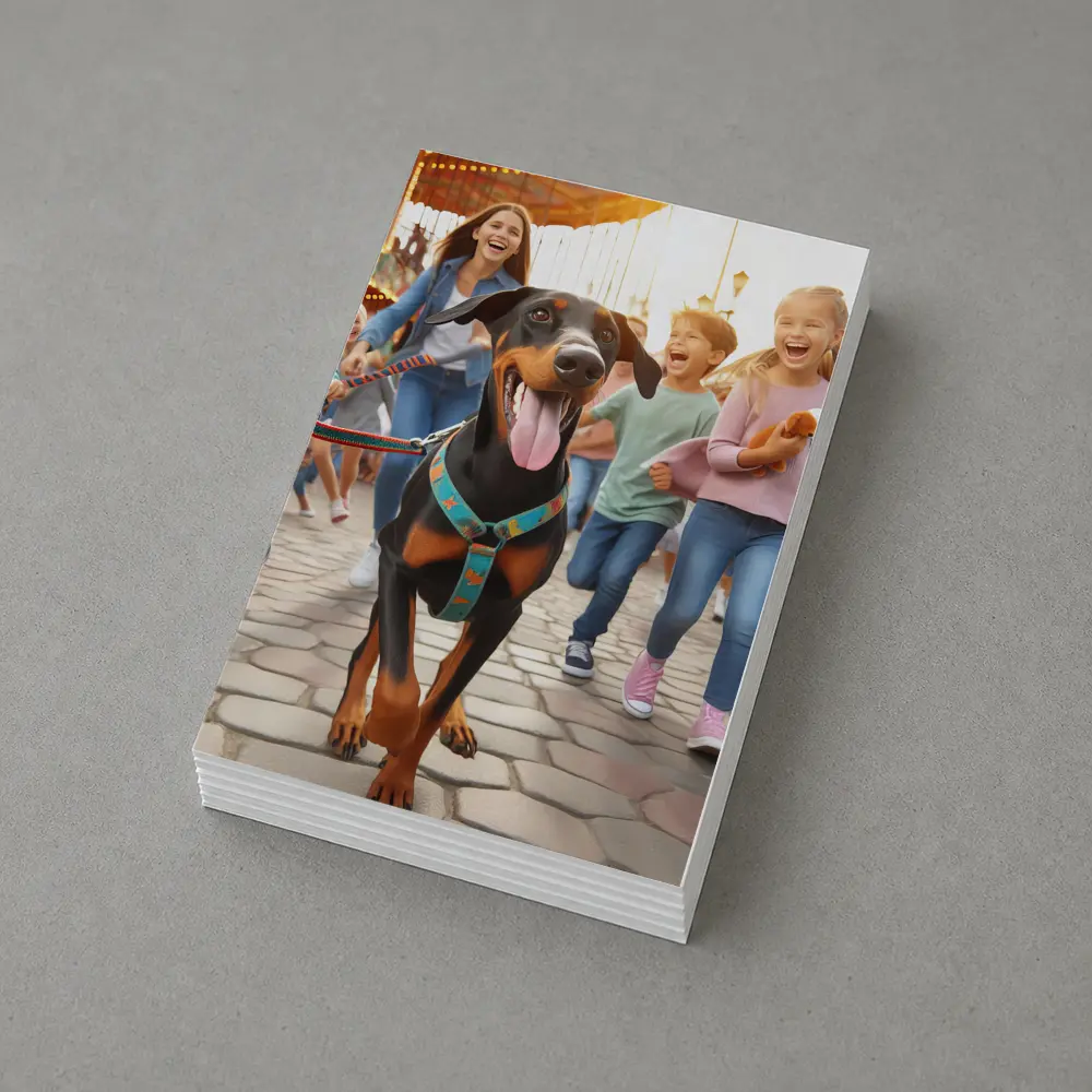 Doberman Pinscher Running With Happy Family – Postcards