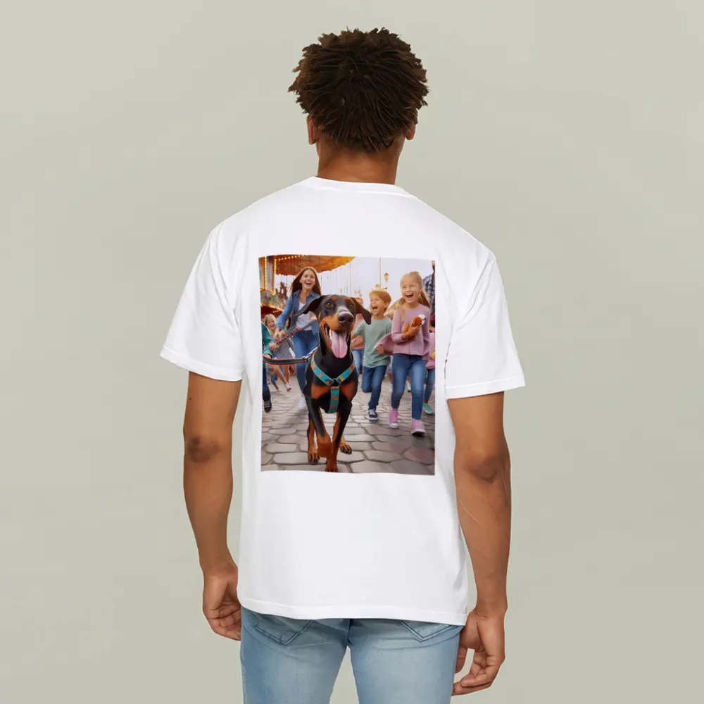 Doberman Pinscher Running With Happy Family – T-Shirts