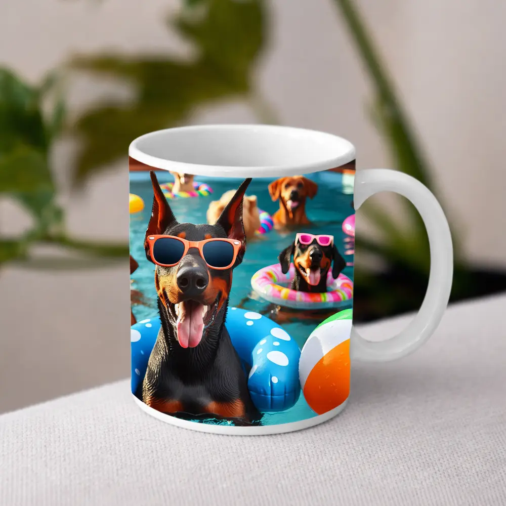 Doberman Dogs Pool Party Summer Fun – Mugs