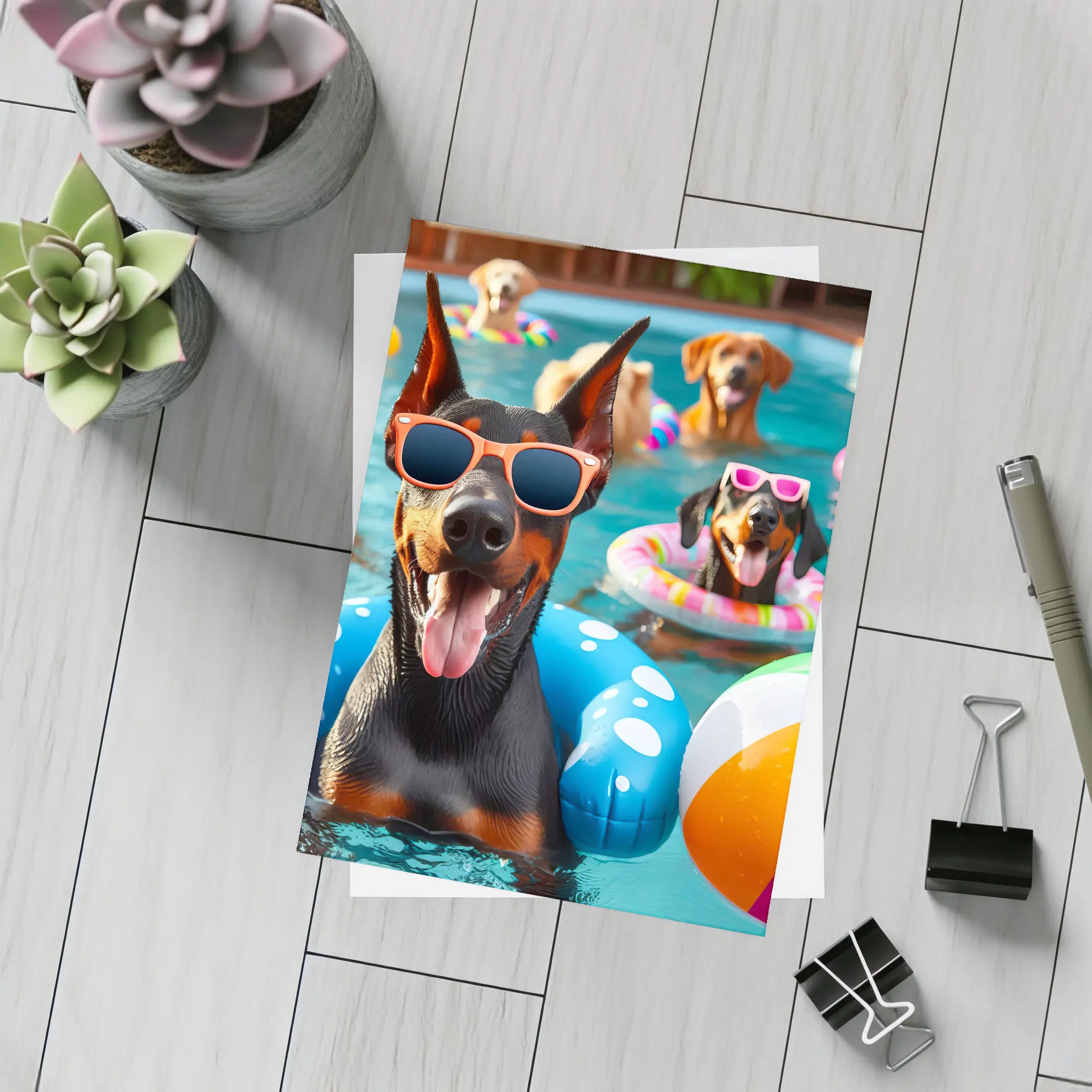 Doberman Dogs Pool Party Summer Fun – Postcards