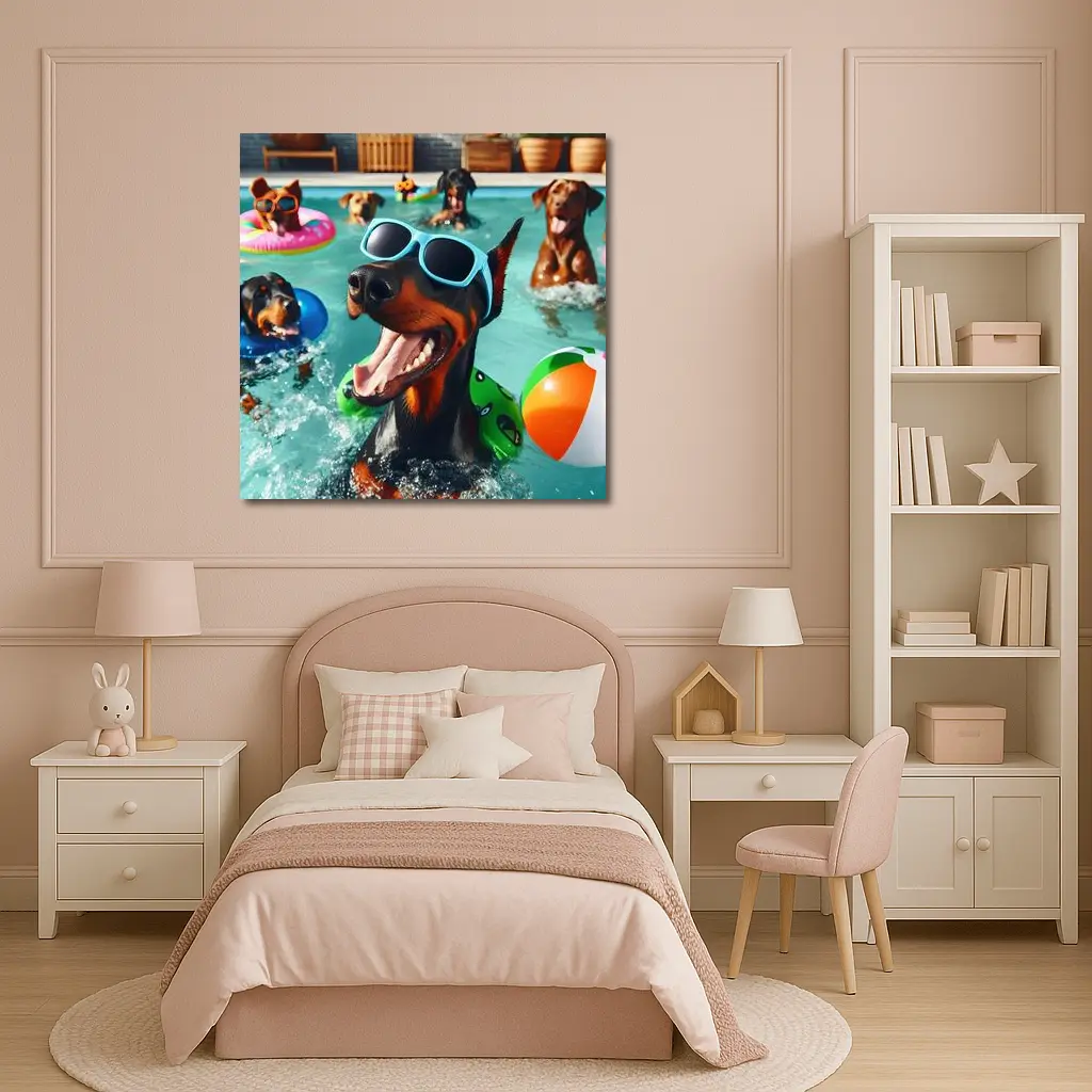 Doberman Pinscher Dogs Pool Party Summer – Wall Art