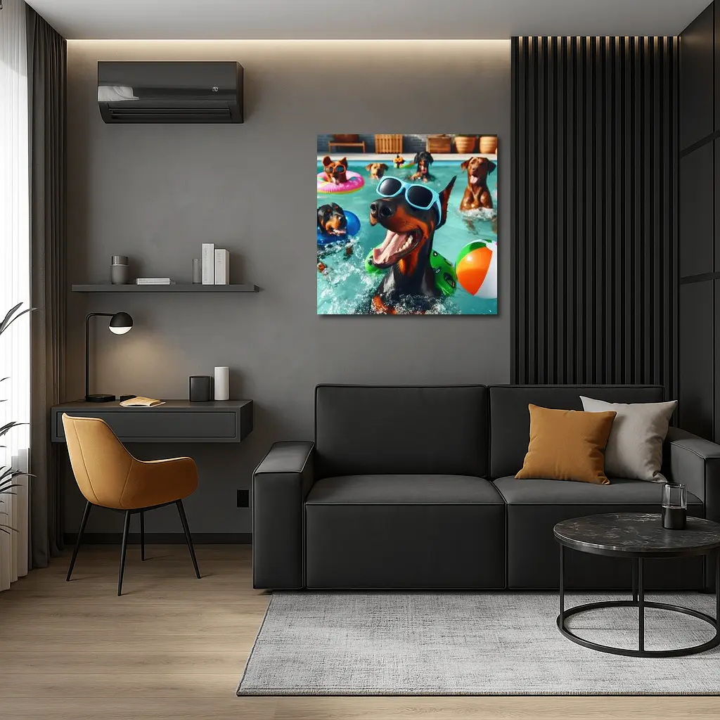 Doberman Pinscher Dogs Pool Party Summer – Wall Art