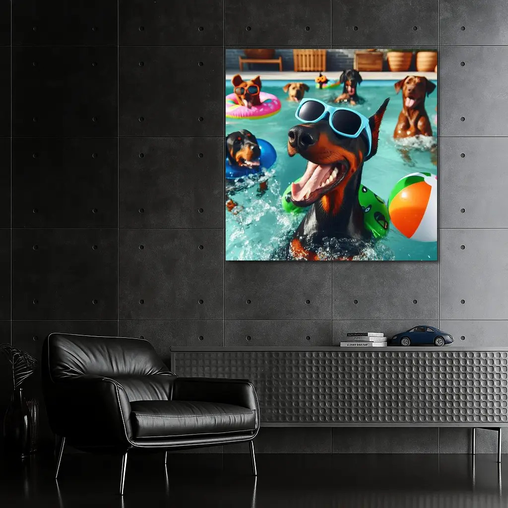 Doberman Pinscher Dogs Pool Party Summer – Wall Art