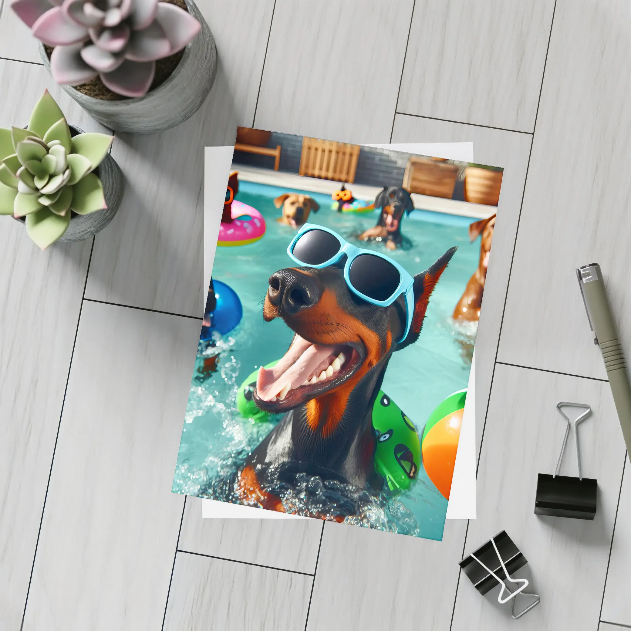 Doberman Pinscher Dogs Pool Party Summer – Postcards