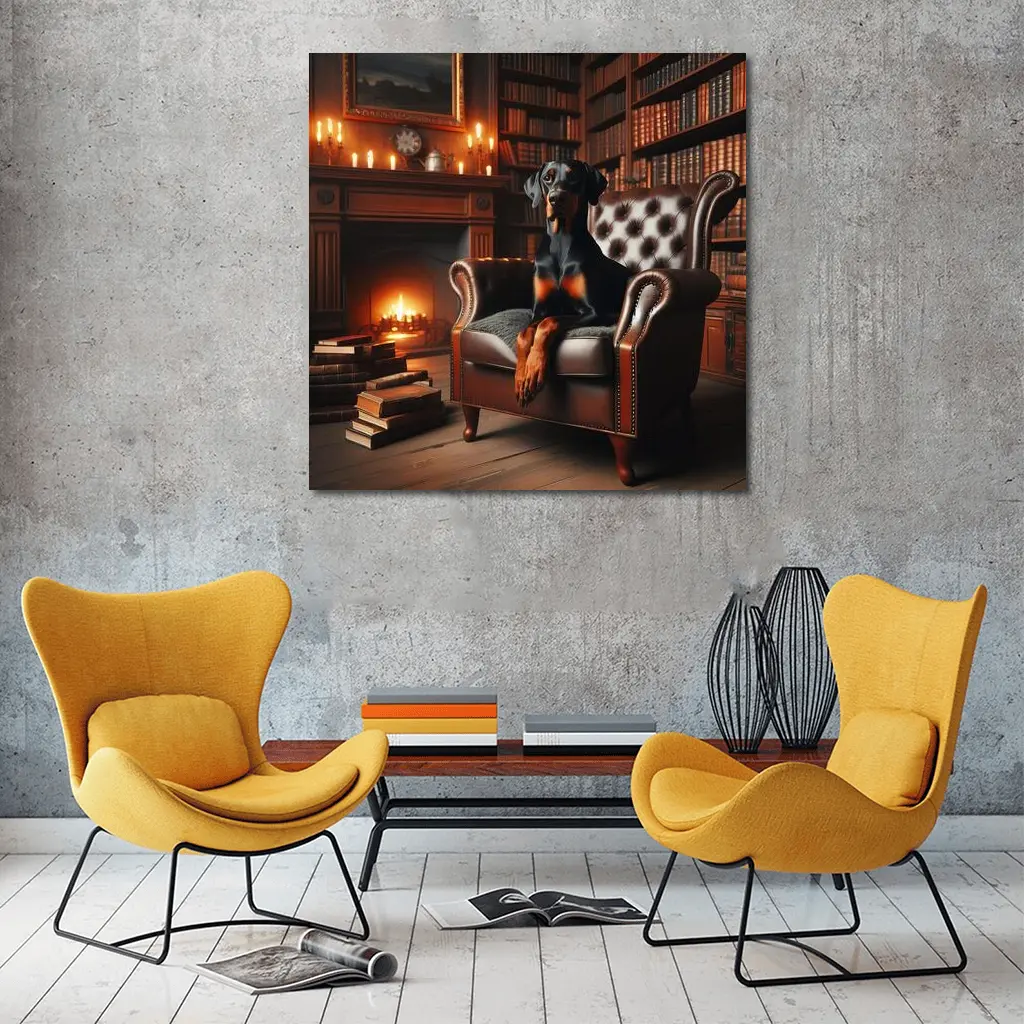 Doberman Pinscher Relaxing in Cozy Library – Wall Art