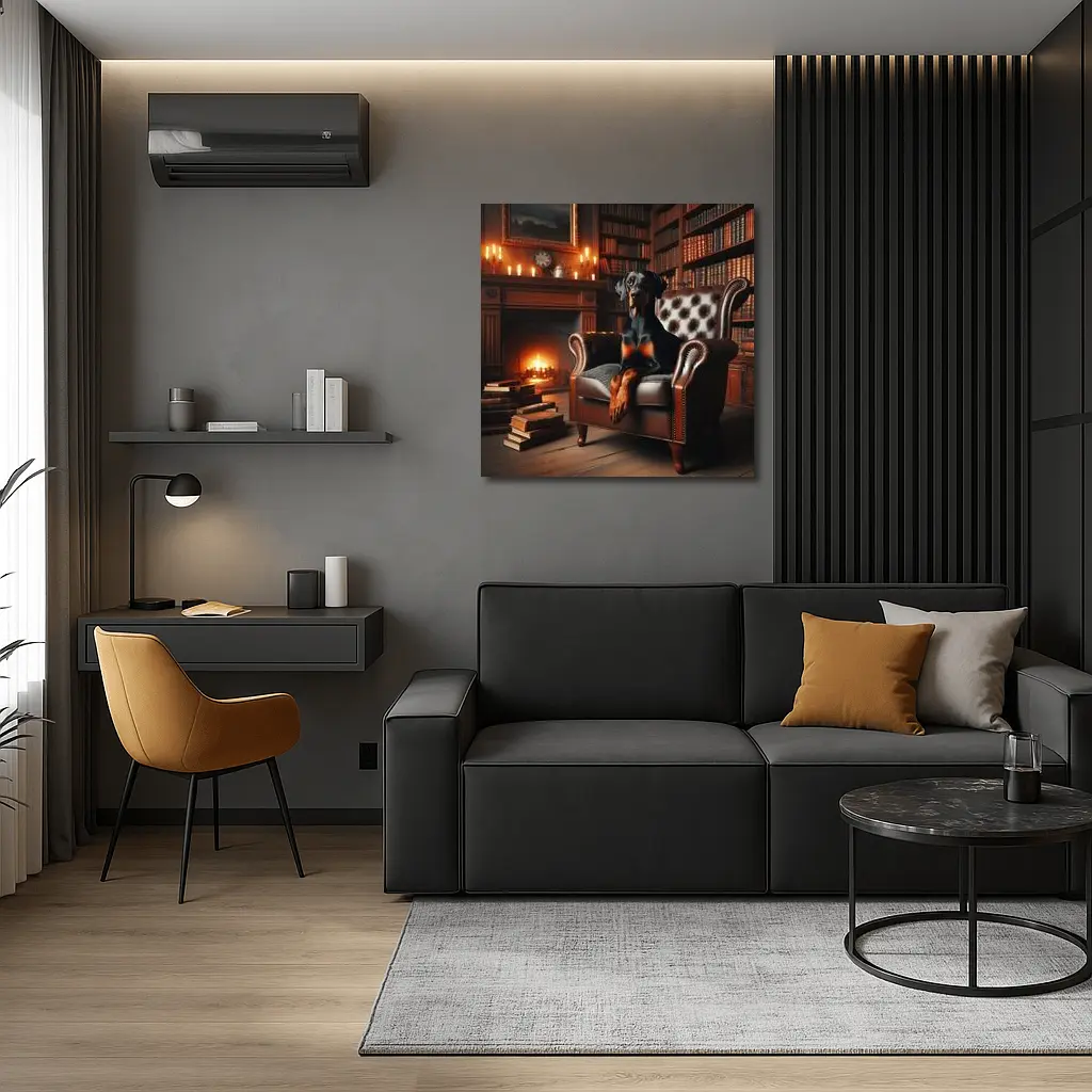 Doberman Pinscher Relaxing in Cozy Library – Wall Art