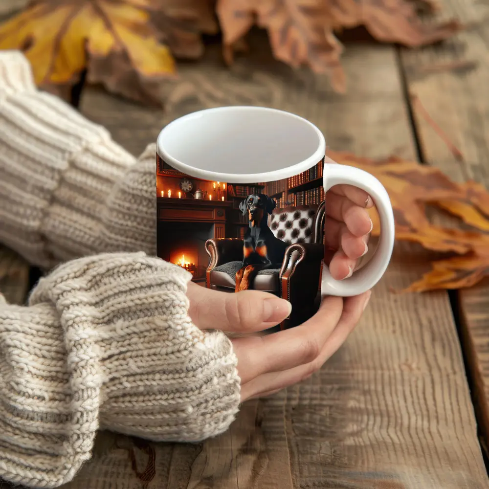 Doberman Pinscher Relaxing in Cozy Library – Mugs