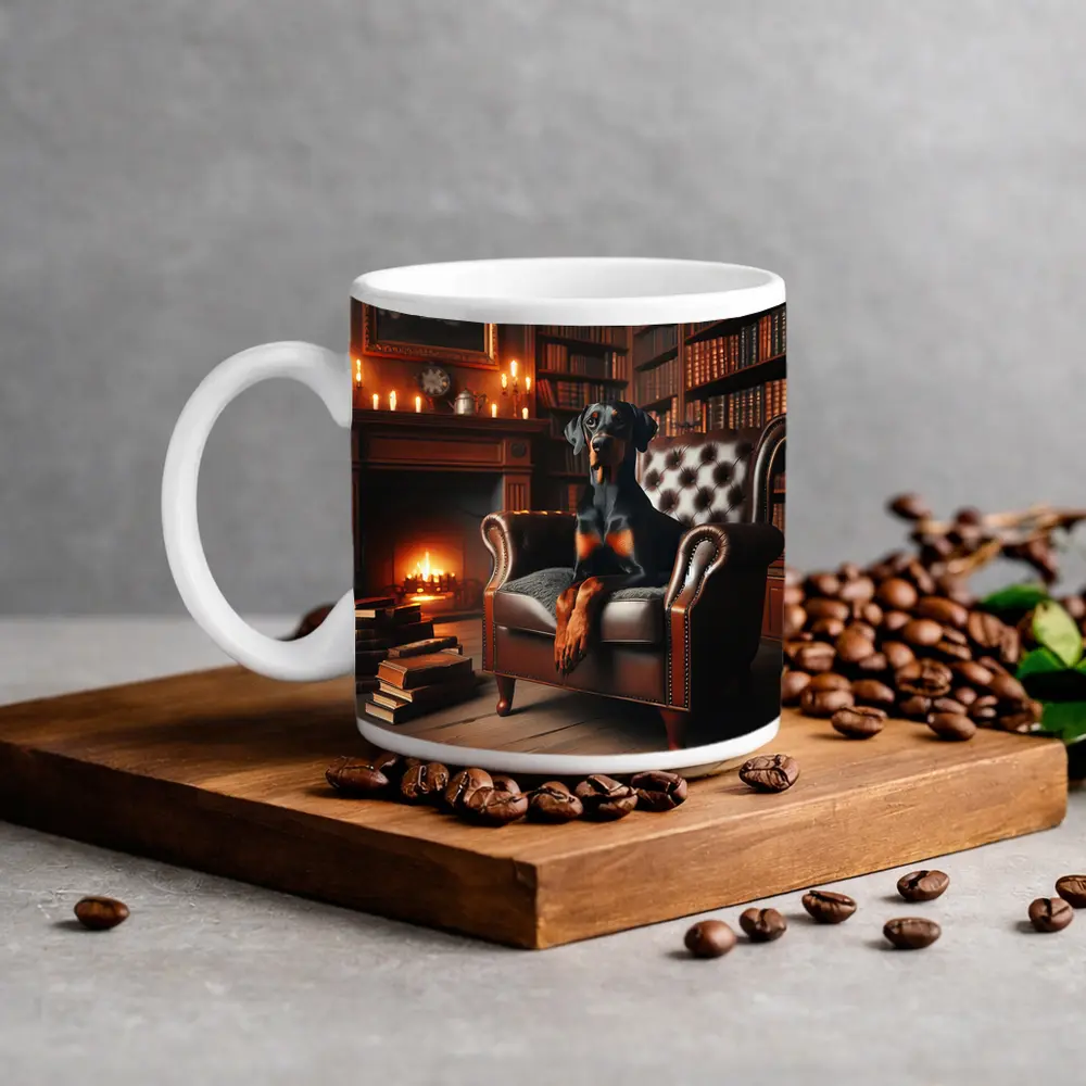 Doberman Pinscher Relaxing in Cozy Library – Mugs