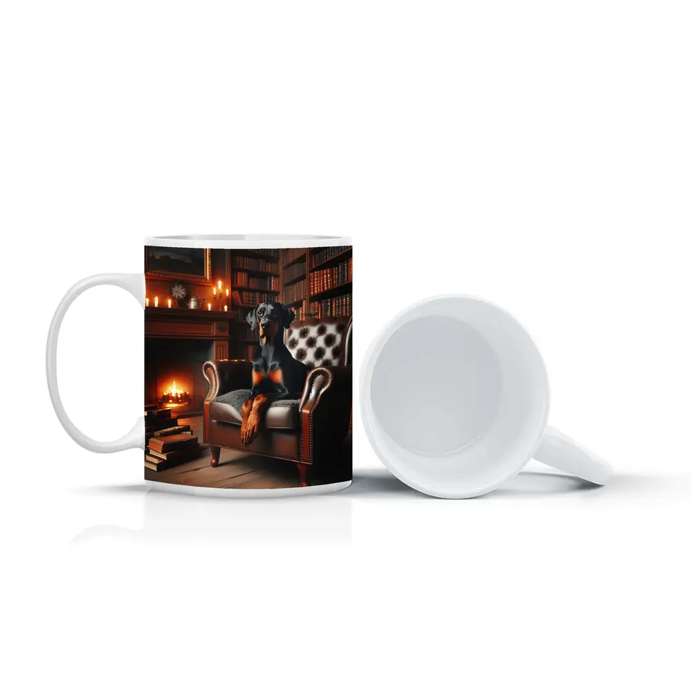 Doberman Pinscher Relaxing in Cozy Library – Mugs