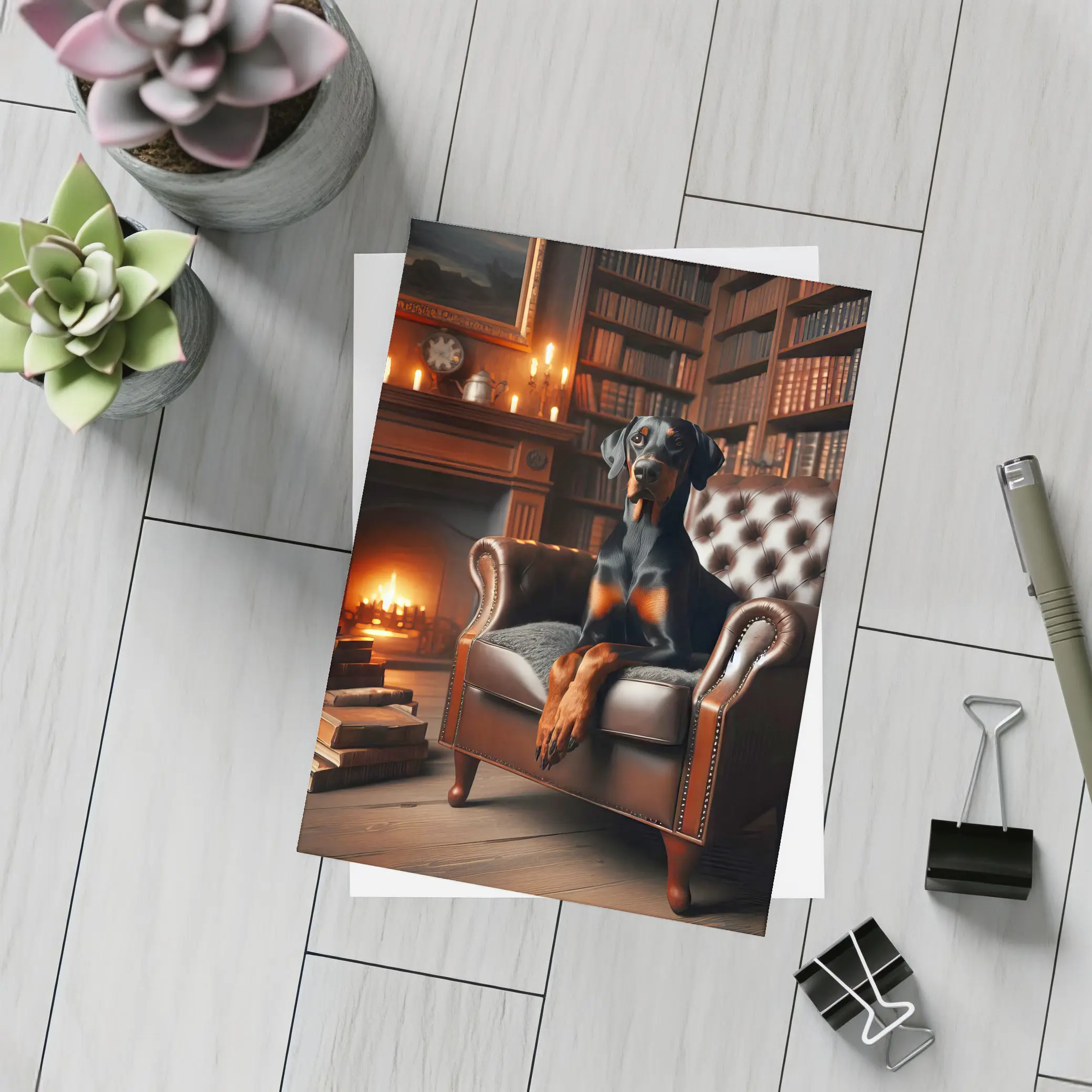 Doberman Pinscher Relaxing in Cozy Library – Postcards