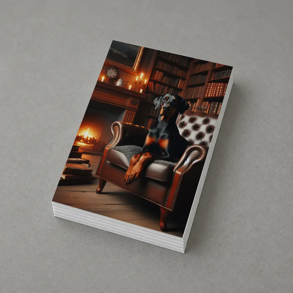 Doberman Pinscher Relaxing in Cozy Library – Postcards