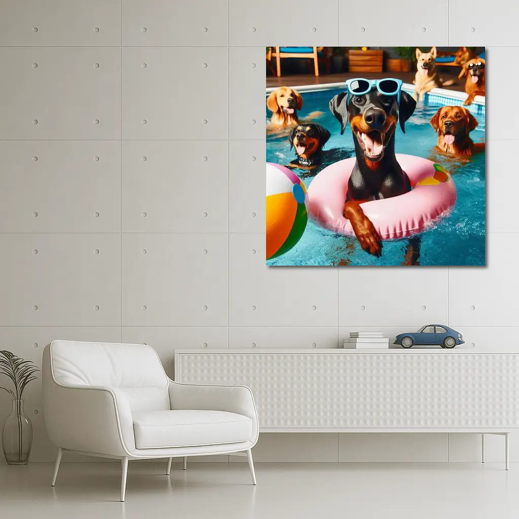Doberman Pinscher Chilling in Pool Party – Wall Art