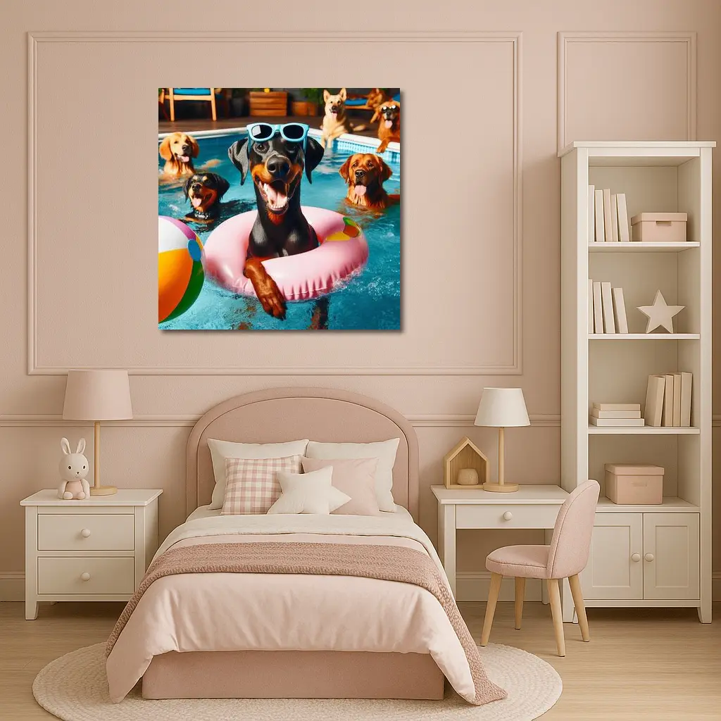 Doberman Pinscher Chilling in Pool Party – Wall Art