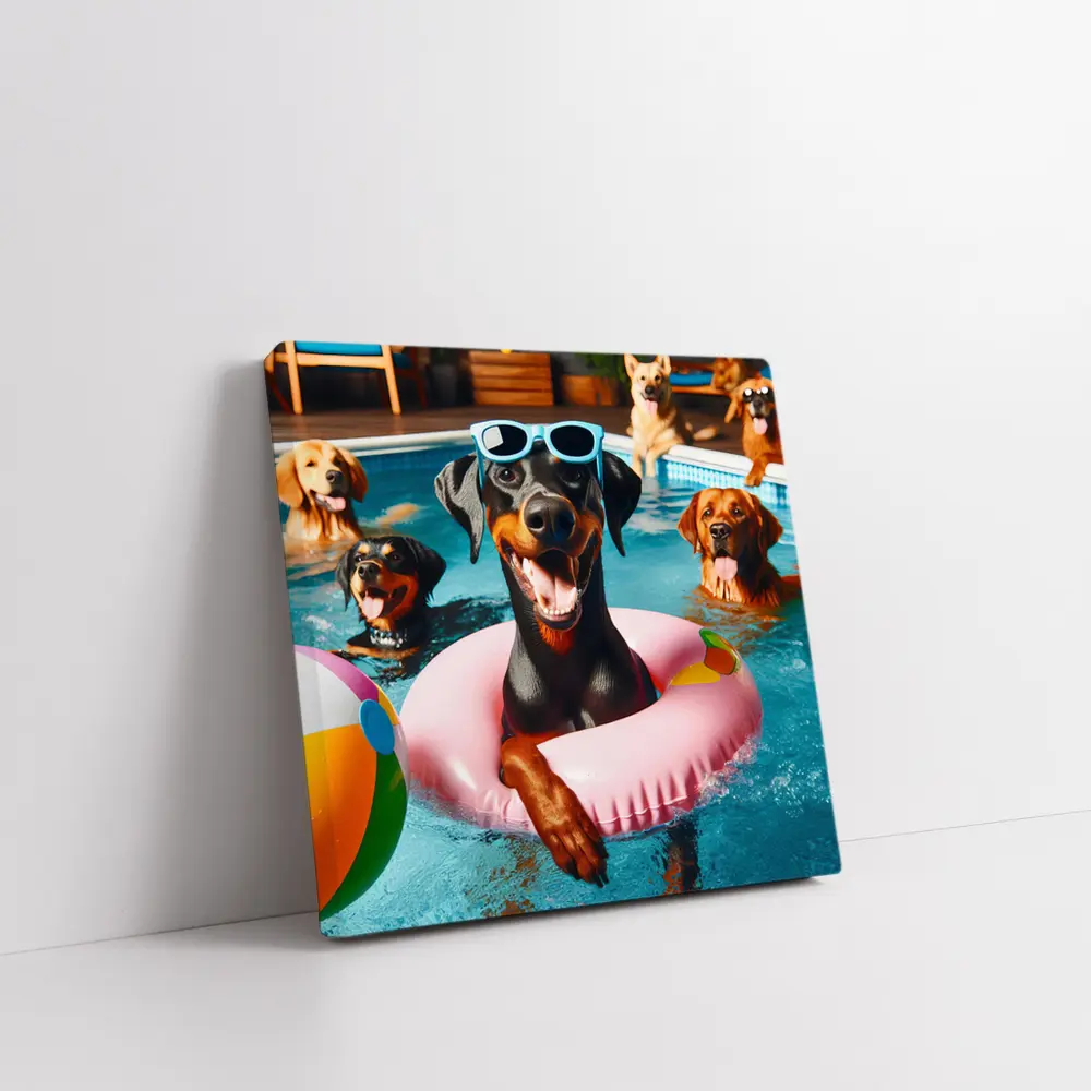 Doberman Pinscher Chilling in Pool Party – Wall Art