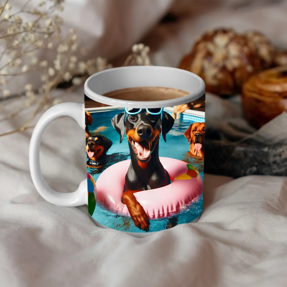 Doberman Pinscher Chilling in Pool Party – Mugs